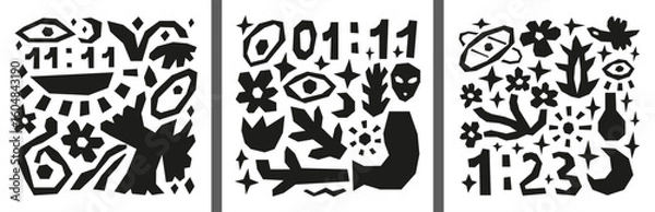 Fototapeta Set of Matisse collage illustrations with angel numbers and abstract shapes. Paper cut geometric elements. Magic signs. Minimalist contemporary posters.