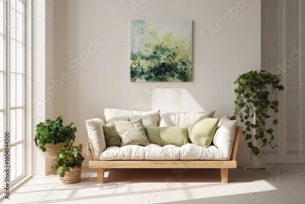 Fototapeta Modern Living Room with Linen Sofa and Abstract Art.