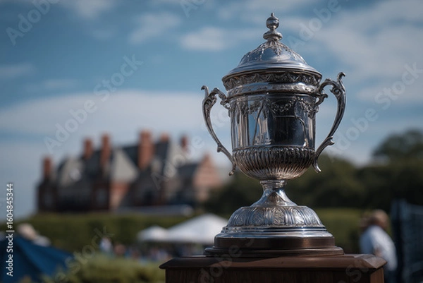 Fototapeta Elegant Silver Trophy Displayed Outdoor with a Historic Building Backdrop