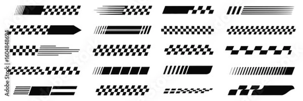 Fototapeta Race Car Decal Collection, Angled Checkered Patterns, Finish Line Graphics, Speed Stripes, Dynamic Motorsport Labels, and Sport Tuning Stickers for High-Performance Vehicles