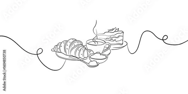 Fototapeta Croissant and coffee drawn in one line style. Breakfast theme with lineart sauce and coffee for logo and posters, simple sketch design. Vector illustration isolated on white background	