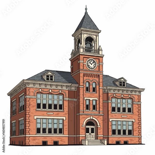 Fototapeta Classic brick university building with prominent clock tower and bell, evoking academic tradition and historical charm for educational themes and architectural concepts.
