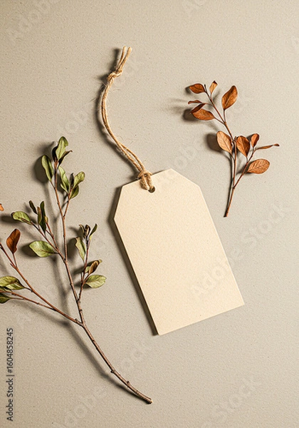 Obraz Blank kraft paper tag with dried flowers and twine