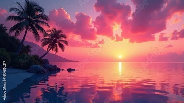 Fototapeta Serene Pink Sunset Over Tropical Beach with Palm Trees and Calm Ocean