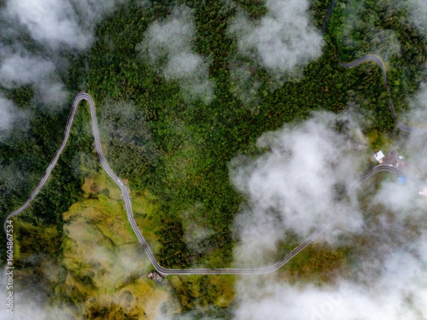 Fototapeta A breathtaking aerial view of a winding mountain road cutting through lush green forest, partially veiled by patches of low-hanging clouds. 