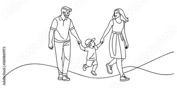 Fototapeta Black and white continuous line art illustration of a family walking together holding hands with a child running