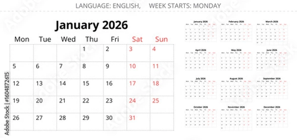 Fototapeta 2026 calendar planner. Vector collection of English monthly page calendars. Design with Monday start