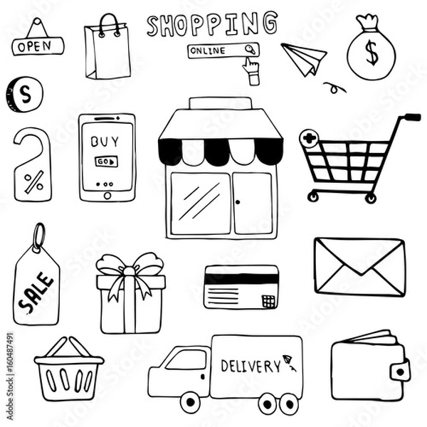 Fototapeta Hand drawn of shopping doodle art vector design. Ecommerce shopping concept.