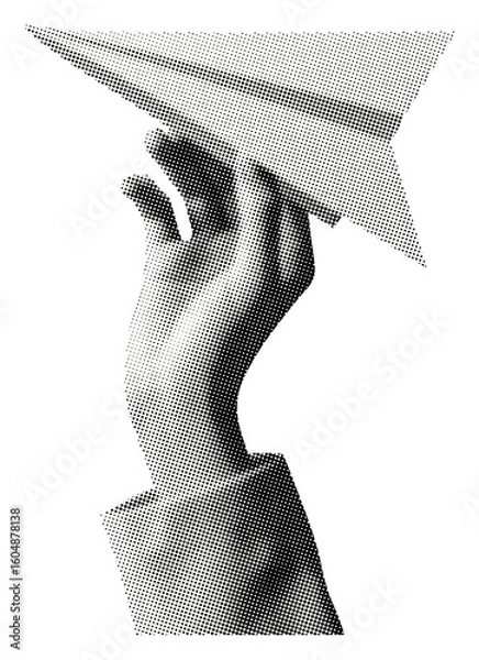 Fototapeta hand launching paper airplane isolated vintage halftone dots texture cut-out retro collage element for mixed media design creativity freedom startup ideas childhood simplicity concepts