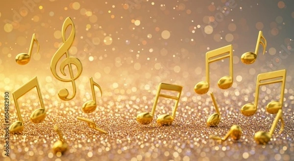 Fototapeta Golden Music Notes Sparkle - Shimmering gold musical notes and clef on a glittering background. Perfect for music, celebration, or luxury themes