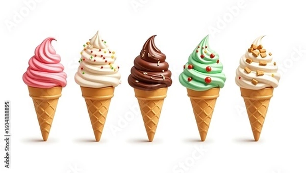 Fototapeta Colorful Ice Cream Cones with Toppings – Strawberry, Chocolate, Mint, and More on White Background