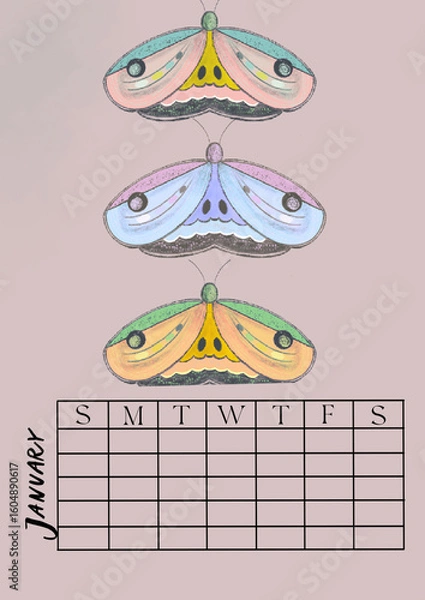 Obraz Vertical Perpetual Calendar with Illustration  A4 size Undated Monthly Layout