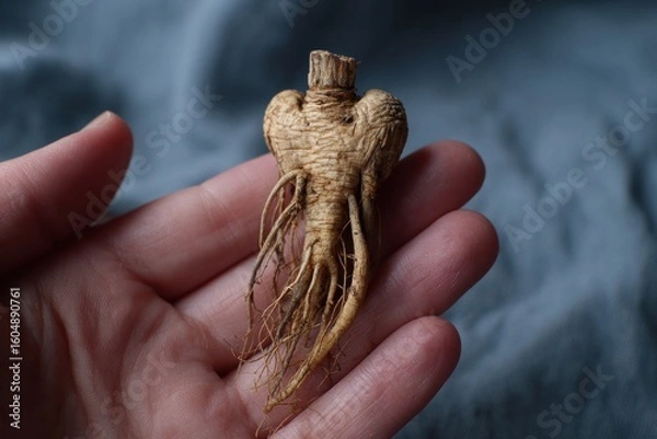 Obraz Dried ginseng root held in hand