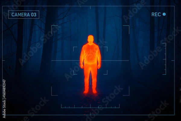 Fototapeta Thermal security camera detecting human in dark forest