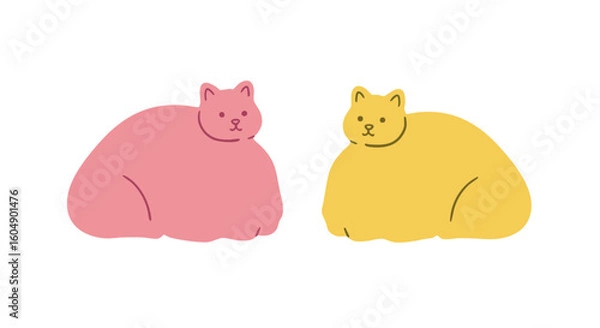 Fototapeta Two stylized, colored cat illustrations, side by side, each in a lounging pose. 