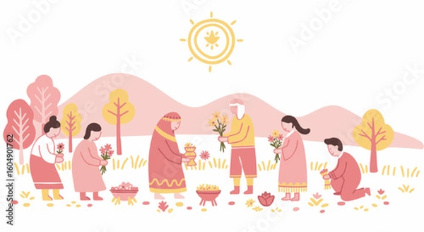 Fototapeta People gather to share and exchange flower. Depicting the act of giving, the painting highlights the essence of compassion.