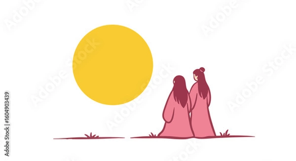 Fototapeta Two figures stand together in front of a large yellow sun, a scene of tranquility and connection.
