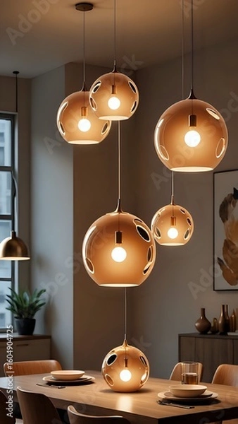 Obraz Modern Dining Room with Pendant Lights in Cozy Ambiance