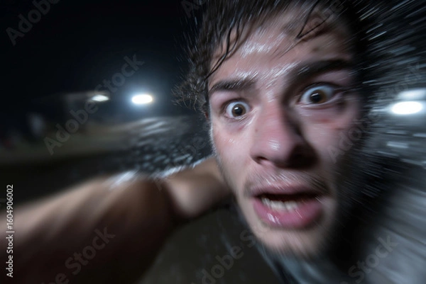 Fototapeta Man in Panic Running Away from Danger in Dark Night - High Adrenaline Scene
