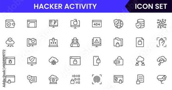 Fototapeta Hacker activity vector line icons featuring shields, locks, firewalls, encryption, passwords, malware protection, surveillance, data safety, and secure networks.