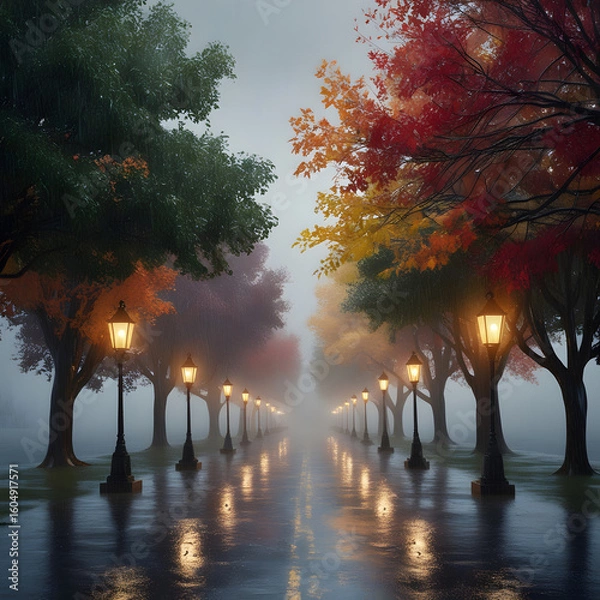 Fototapeta Rainy autumn evening path lined with glowing lanterns and colorful trees