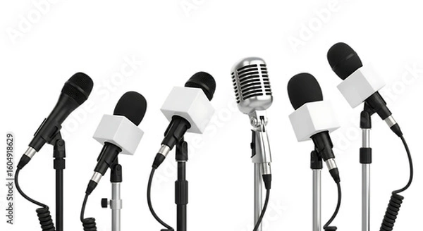 Fototapeta A row of microphones are set up for a media press conference ready to capture news and interviews isolated on transparent background