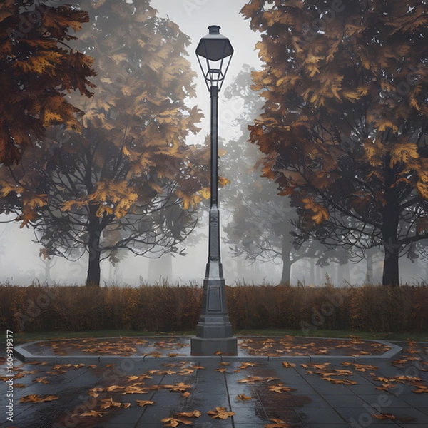 Fototapeta A solitary lamppost stands amidst a misty autumn park with fallen leaves