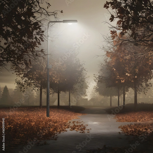 Fototapeta Misty autumn evening path illuminated by a single streetlight