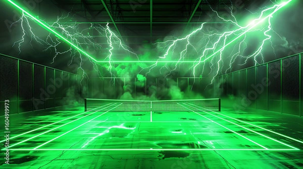 Fototapeta Dynamic neon green tennis court with dramatic lightning strikes and fog creates an electrifying atmosphere for intense sports action