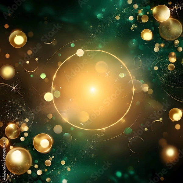 Fototapeta Golden orbs and rings amidst a deep emerald and gold nebula