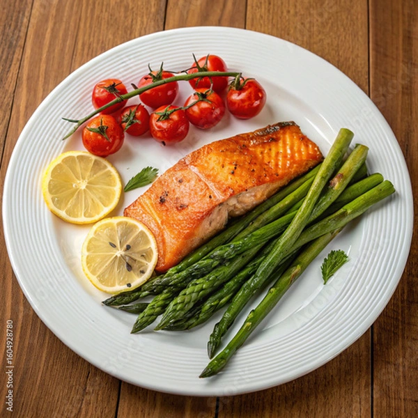 Fototapeta Delicious pan seared salmon with asparagus and cherry tomatoes