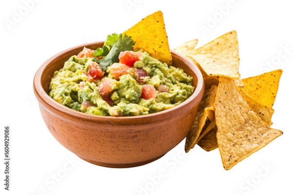 Obraz Delicious guacamole dip served with tortilla chips isolated on transparent background