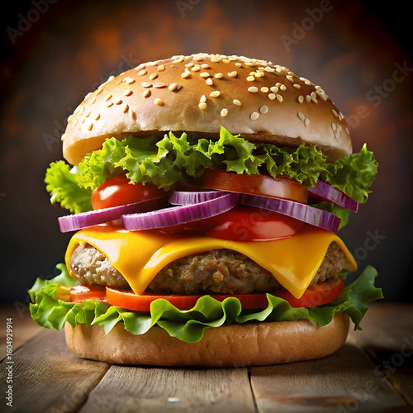 Fototapeta Juicy gourmet burger with fresh toppings on a rustic wooden surface