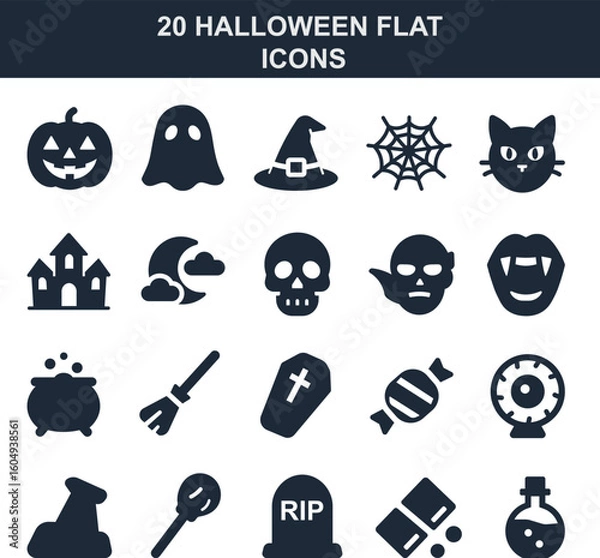 Fototapeta A set of 20 flat Halloween-themed icons in black solid vector style. Includes pumpkin, ghost, vampire, candy, witch hat, and other spooky elements perfect for UI, apps, party posters, web, and social 