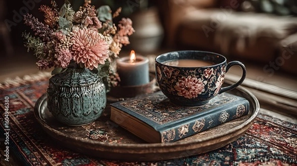 Fototapeta A warm and inviting still life featuring a floral teacup, book, and vase.