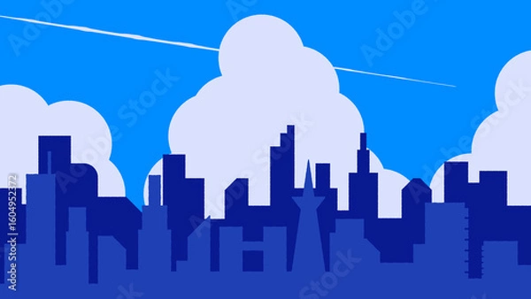 Obraz 青空と雲が広がる中に浮かび上がる現代都市のスカイラインのシルエット
