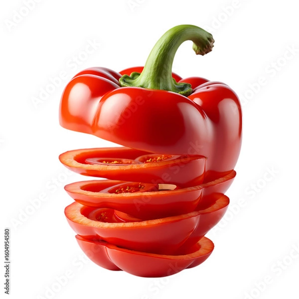 Fototapeta A sliced red bell pepper with a green stem isolated on transparent background