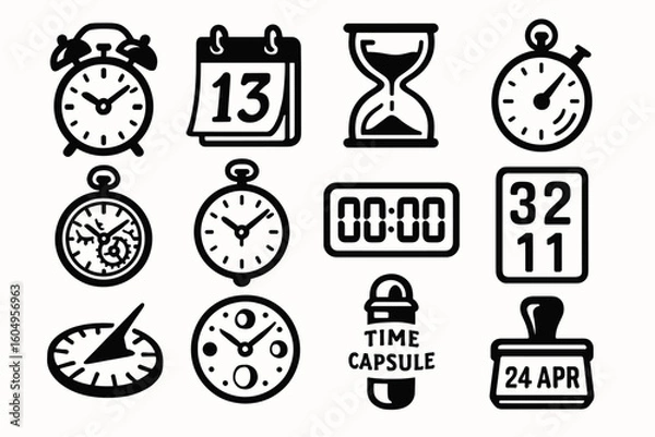 Fototapeta Time icons: clocks, calendars, hourglasses, stopwatch, timers, compass, date stamps