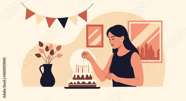 Fototapeta Celebration Moment Young Woman Igniting Candles On Birthday Cake Happiness