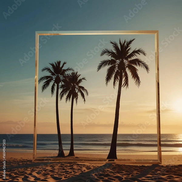 Fototapeta Golden Sunset Beach with Palm Trees Framed in Minimalist Square