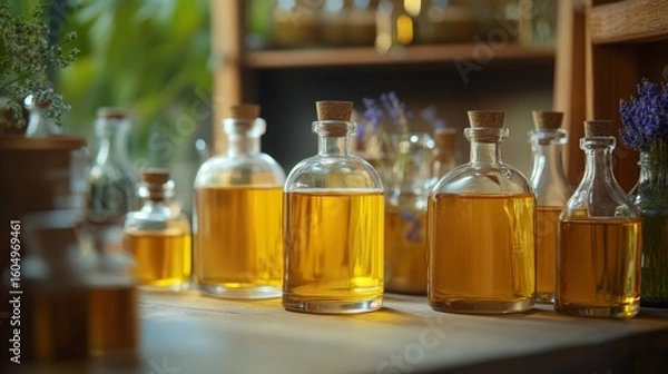 Obraz Glass bottles filled with golden herbal oils on wooden shelf in rustic apothecary style interior
