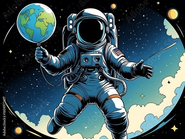 Fototapeta Astronaut floats with Earth balloon, and space. (2)