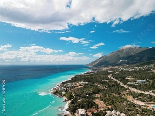 Fototapeta Aerial view of Dhermi Beach, Albania – turquoise sea, Mediterranean coastline, and paradise nature in the Balkans