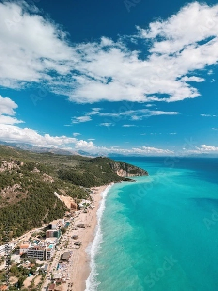 Fototapeta Aerial view of Dhermi Beach, Albania – turquoise sea, Mediterranean coastline, and paradise nature in the Balkans