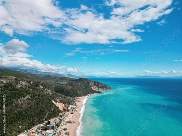 Fototapeta Aerial view of Dhermi Beach, Albania – turquoise sea, Mediterranean coastline, and paradise nature in the Balkans