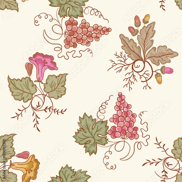 Fototapeta Retro Botanical Seamless Pattern – Grapevines, Acorns, and Florals in Earth Tones