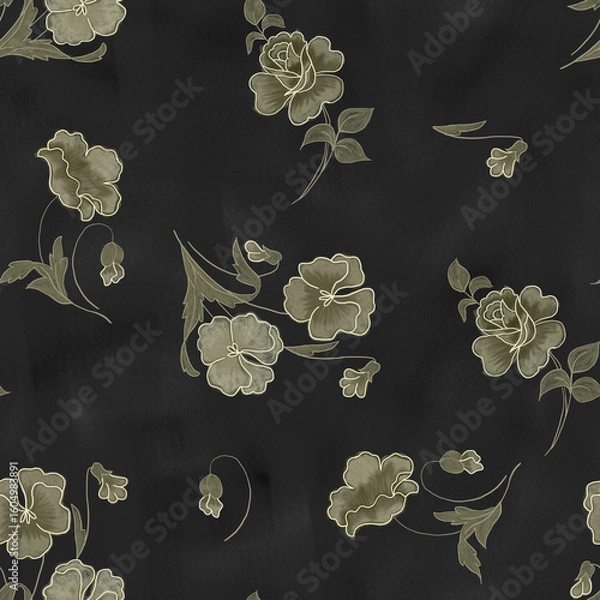 Fototapeta Elegant Monochrome Floral Pattern on Black Background – Hand-Drawn Botanical Textile Design