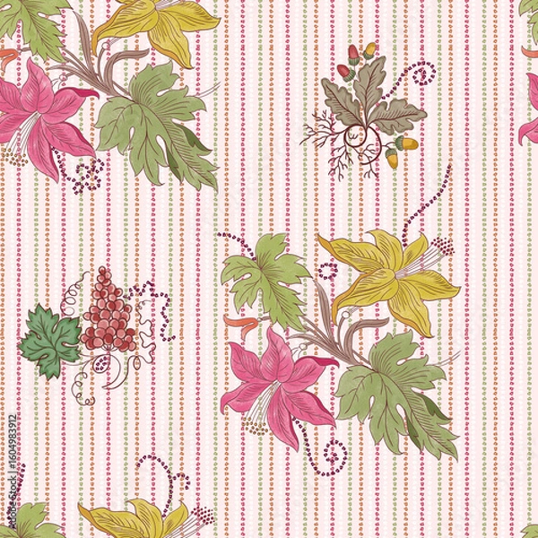 Fototapeta Elegant Floral and Botanical Stripe Pattern – Grapes and Lilies on Decorative Background