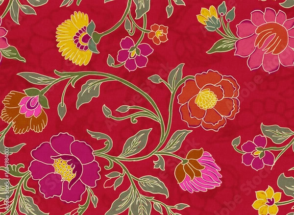 Fototapeta Seamless Red Batik Floral Pattern with Traditional Hand-Drawn Motifs – Textile Design Background