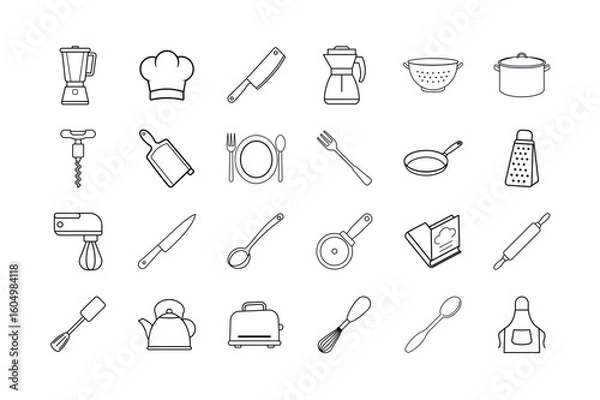 Fototapeta Kitchen Tools & Appliances Vector Icon Set: Blender, Chef Hat, Knife, Coffee Maker, Grater, Frying Pan, Rolling Pin, Toaster, Whisk, Spoon, Fork, Plate, and More. Editable Line Vector Icons. 